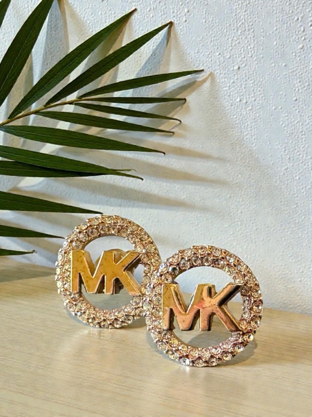 MICHAEL KORS Gold Tone Crystal MK Logo Stud Earrings